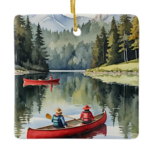Red Canoe Wilderness Lake Camping Christmas Ceramic Ornament