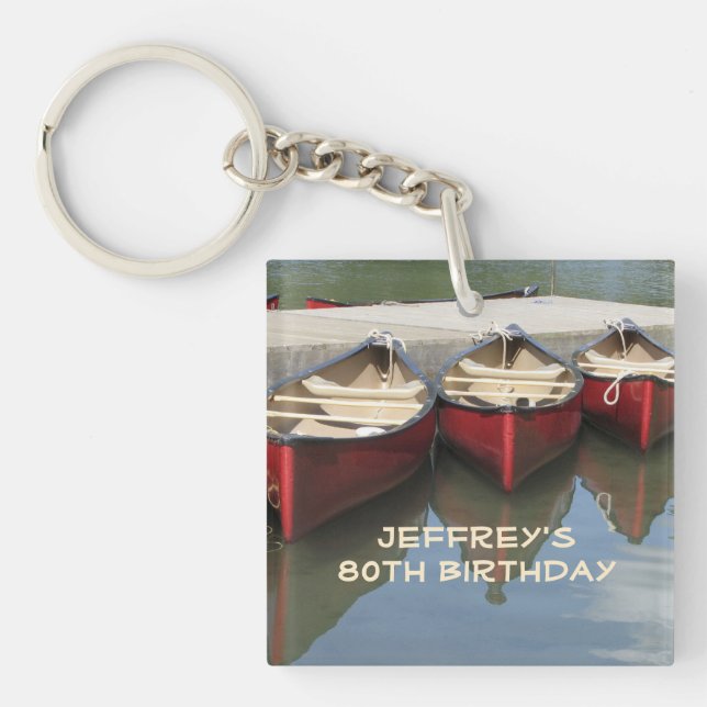 Red Canoes 80th Birthday Personalized Name Acrylic Keychain (Front)