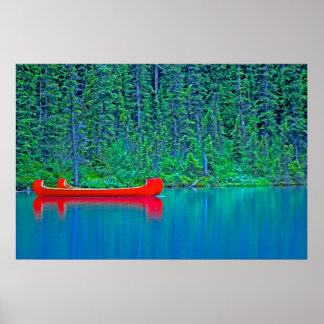 Red Canoes on Green Water Poster