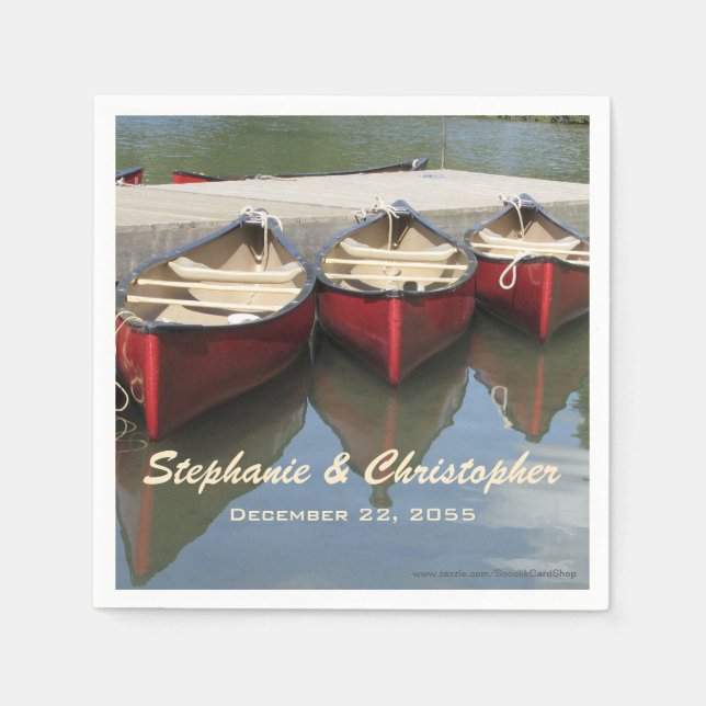 Red Canoes Wedding Name and Date Paper Napkins (Front)