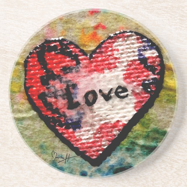 Red Canvas Heart with Love Drink Coaster (Front)