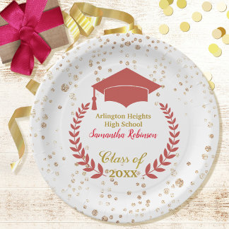 Red Cap and Laurel Graduation Party Paper Plate