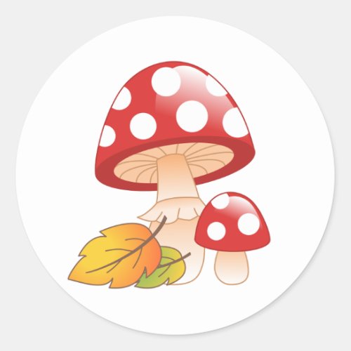 Red Cap Toadstool Mushrooms and Leaves Classic Round Sticker