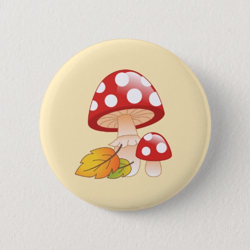 Red Cap Toadstool Mushrooms and Leaves on Yellow Button