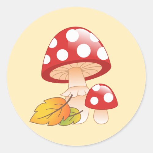 Red Cap Toadstool Mushrooms and Leaves on Yellow Classic Round Sticker