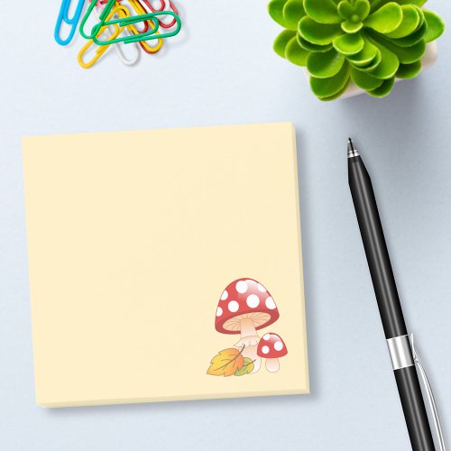 Red Cap Toadstool Mushrooms and Leaves on Yellow Post_it Notes