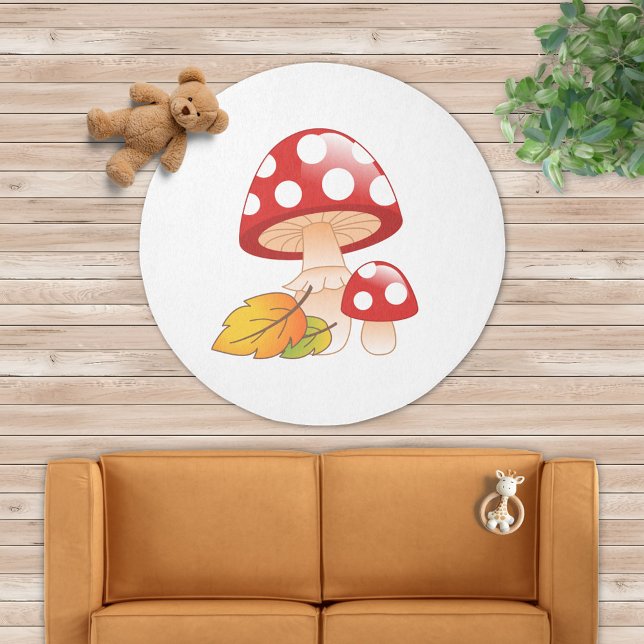 Red Cap Toadstool Mushrooms and Leaves on Yellow Rug (Creator Uploaded)