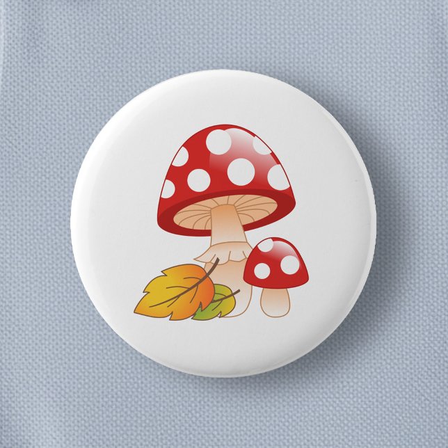 Red Cap Toadstool Mushrooms and Leaves Pinback Button (Creator Uploaded)