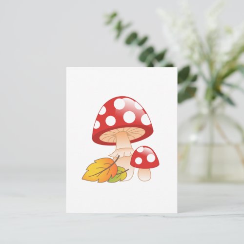Red Cap Toadstool Mushrooms and Leaves Postcard