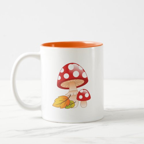 Red Cap Toadstool Mushrooms and Leaves Two_Tone Coffee Mug