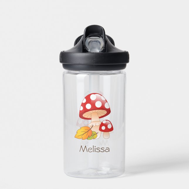 Red Cap Toadstool Mushrooms and Leaves Water Bottle (Front)