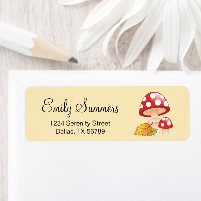 Red Cap Toadstool Mushrooms with Leaves Address Label (Insitu)