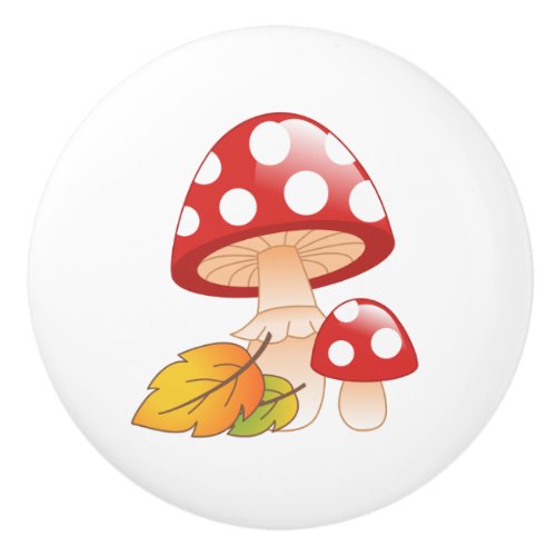 Red Cap Toadstool Mushrooms with Leaves Ceramic Knob