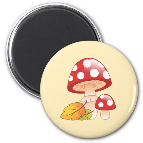 Red Cap Toadstool Mushrooms with Leaves on Yellow Magnet