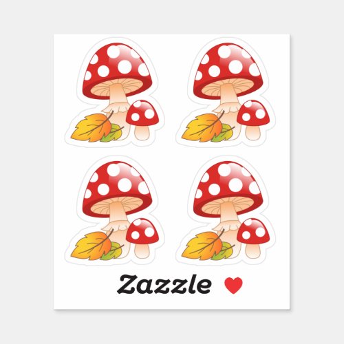 Red Cap Toadstool Mushrooms with Leaves Set of 4 Sticker
