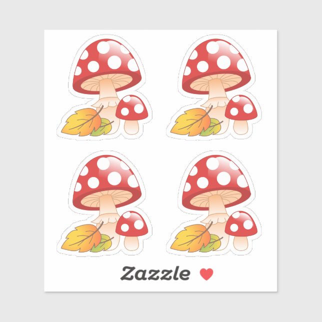 Red Cap Toadstool Mushrooms with Leaves, Set of 4 Sticker (Sheet)