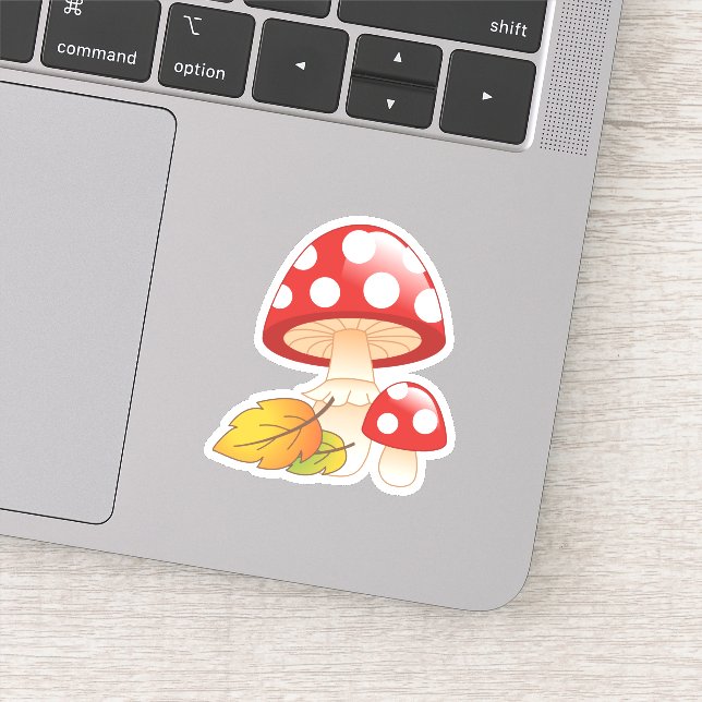 Red Cap Toadstool Mushrooms with Leaves Sticker (Detail)