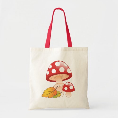Red Cap Toadstool Mushrooms with Leaves Tote Bag