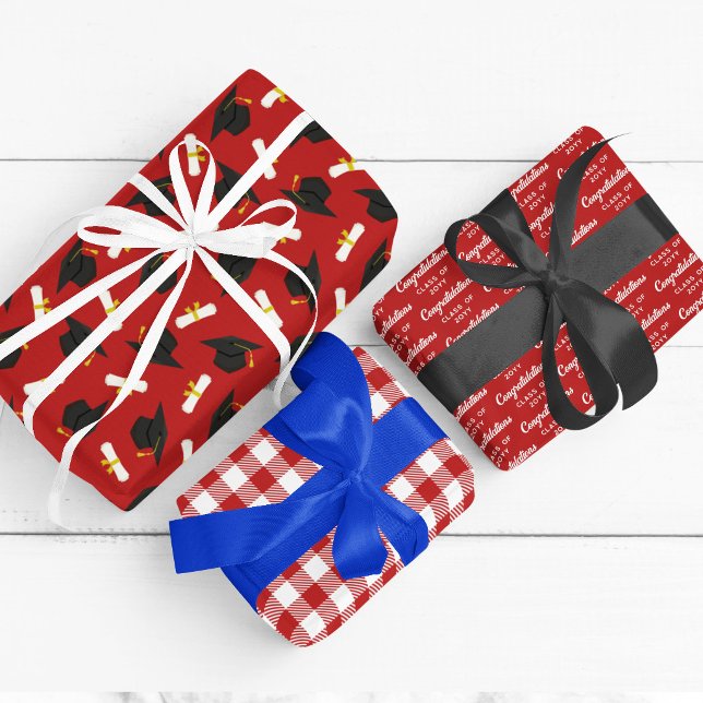 Red Caps Diplomas Mixed Graduation Patterns Wrapping Paper Sheets (Creator Uploaded)