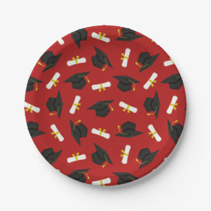 Red Caps Diplomas Pattern Graduation Party Paper Plates