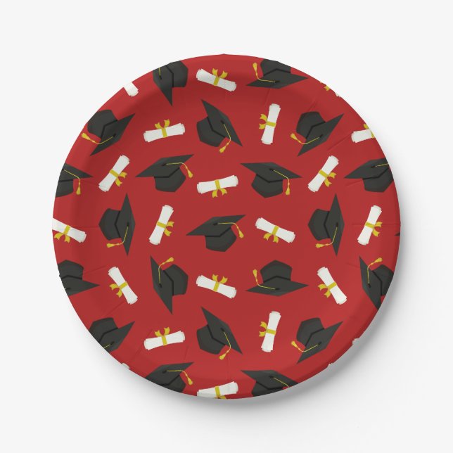 Red Caps Diplomas Pattern Graduation Party Paper Plates (Front)