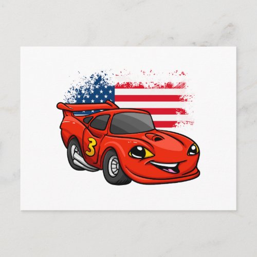 Red car american flag cartoon _Choose back color Postcard