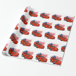 Red car american flag cartoon -Choose back color Wrapping Paper