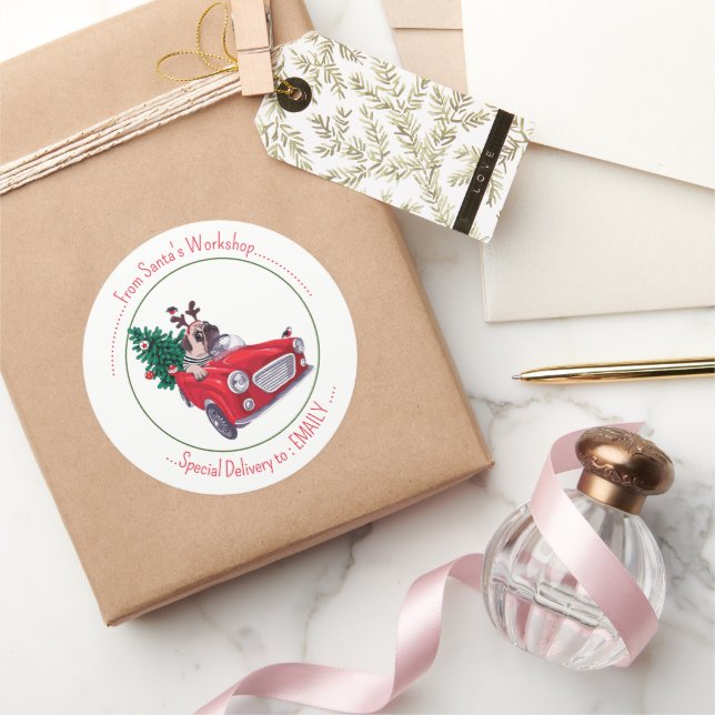  Red car and Christmas Tree & Happy dog Classic Round Sticker (Gifting)