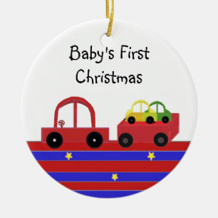 Red Car and Wagon Baby's First Christmas Ceramic Ornament