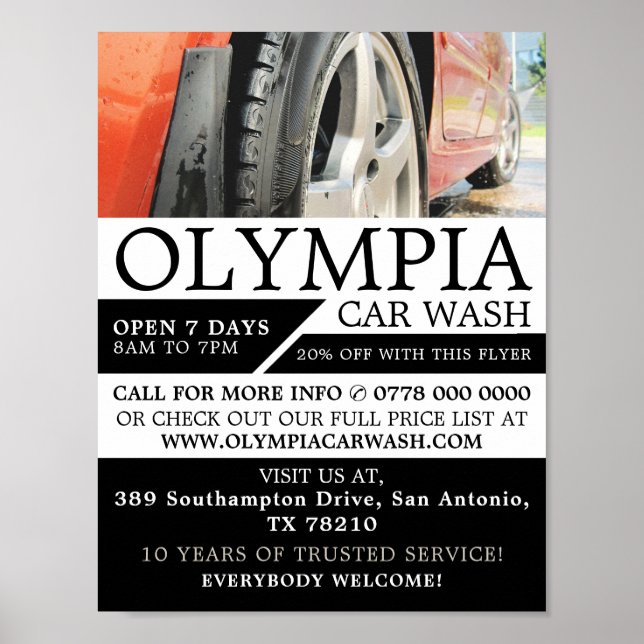 Red Car, Auto Wash, Cleaning Service Advertising Poster (Front)