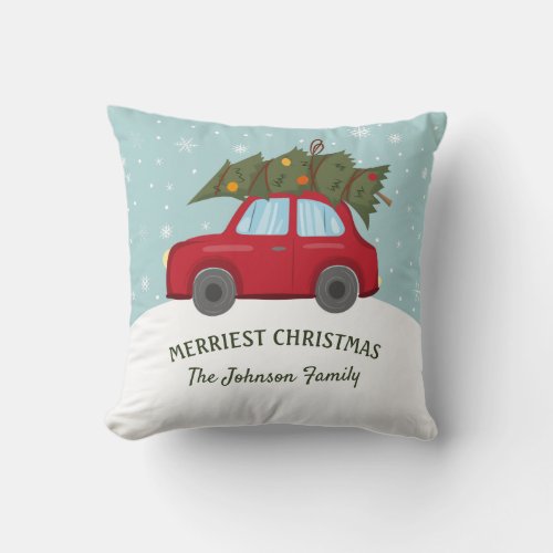 Red Car Carrying Tree Merriest Christmas Throw Pillow