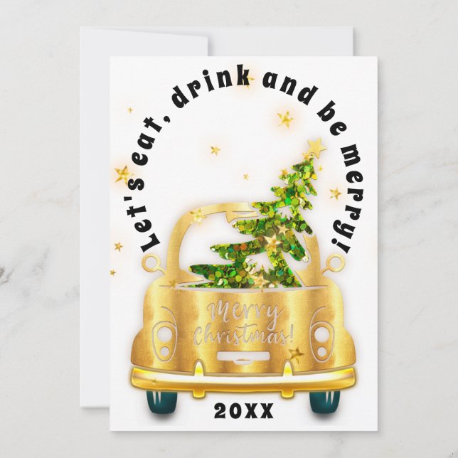 Red Car Christmas Brunch Dinner Tree Gold White Invitation (Back)