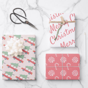 Red Car Christmas Tree Candy Pattern Pink Holiday Wrapping Paper Sheets