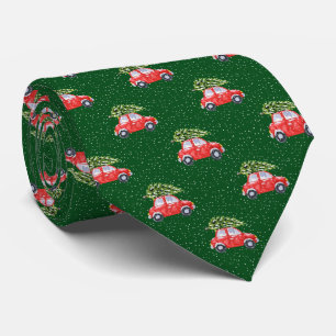 Red Car Christmas Tree Snowflake Green Holiday Neck Tie
