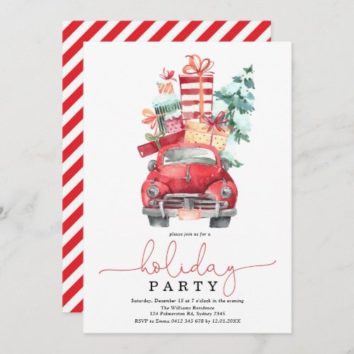 Red Car Colorful Presents Christmas Tree Holiday Invitation