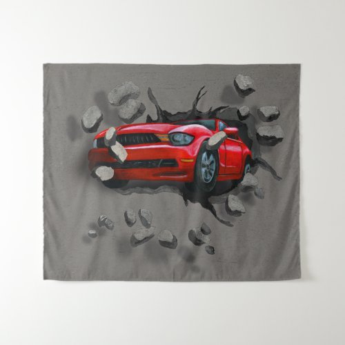 Red Car Crashing Through Wall Tapestry