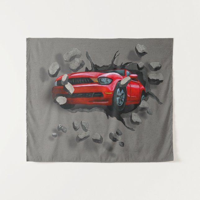 Red Car Crashing Through Wall Tapestry (Front (Horizontal))