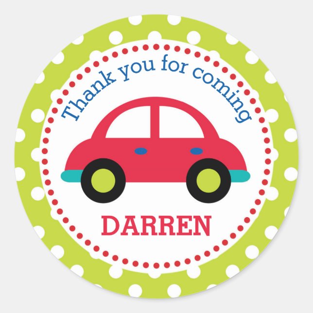 Red Car Favor Stickers (Boys Birthday) (Front)