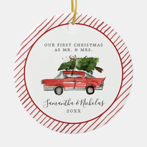 Red Car  First Christmas as Mr  Mrs Ceramic Ornament