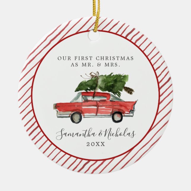 Red Car | First Christmas as Mr. & Mrs. Ceramic Ornament (Front)