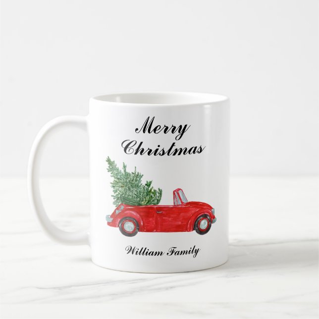 Red Car Merry Christmas Custom Name Coffee Mug (Left)