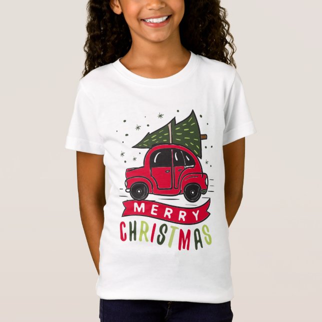 Red Car Merry Christmas Tree Colorful Funny T-Shirt (Front)