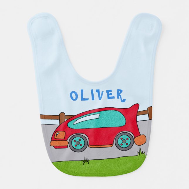 Red Car on the Road Drawing Baby Boy Name Baby Bib (Front)