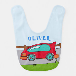 Red Car on the Road Drawing Baby Boy Name Bib