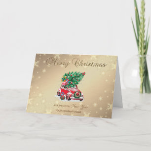 Red Car Pine Tree Present Merry Christmas Greeting Holiday Card