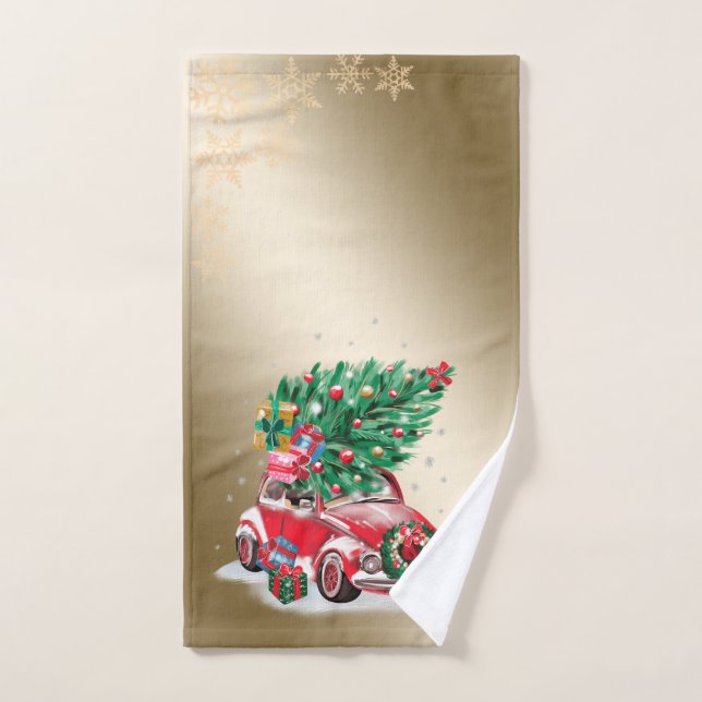 Red Car Pine Tree Presents Christmas ,Snowflakes Bath Towel Set (Hand Towel)