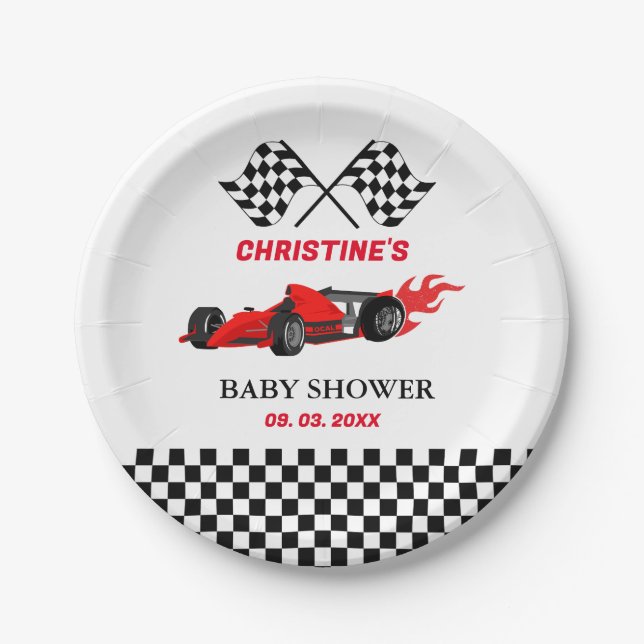 Red Car Race  Baby shower Paper Plates (Front)