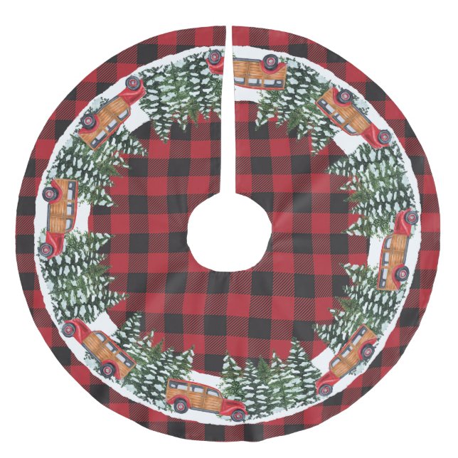 Red Car Rustic Checker Plaid Brushed Polyester Tree Skirt (Front)
