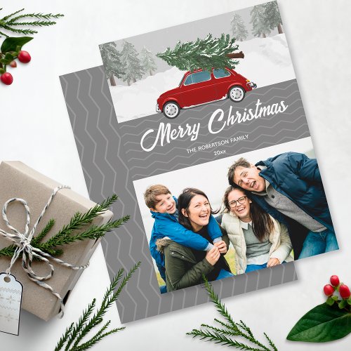 Red Car Truck Christmas Tree Gray Zig Zag Chevron  Foil Holiday Card