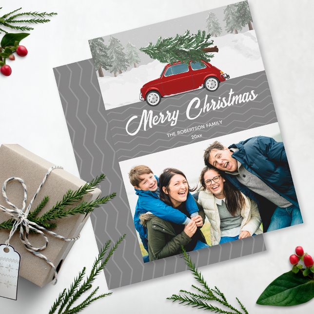 Red Car Truck Christmas Tree Gray Zig Zag Chevron  Foil Holiday Card (Creator Uploaded)